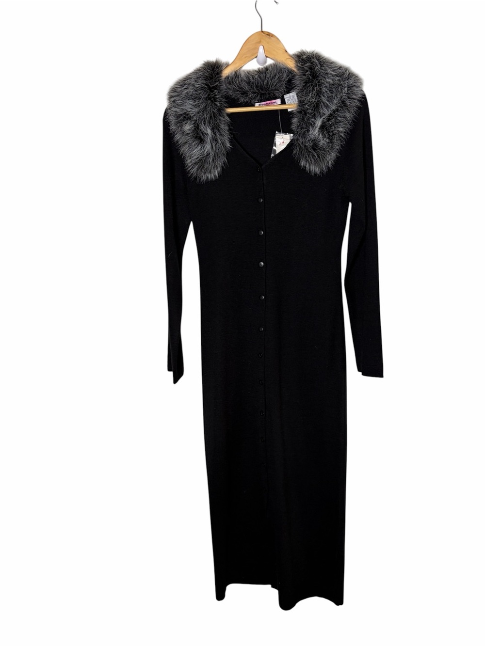 NWT Y2K Evolution faux fur collared black wool blend maxi cardigan sweater L